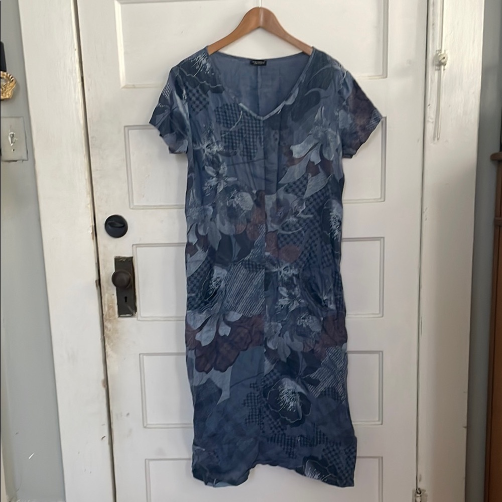 Cotton Blue Floral Midi Dress with pockets